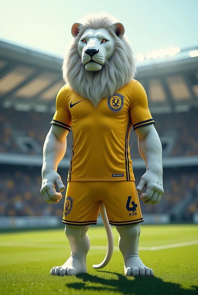 Un lion blanc debout comme un humain sur 2 jambes et qui porte le maillot jaune de Al-Nasser Football club sur un terrain de football