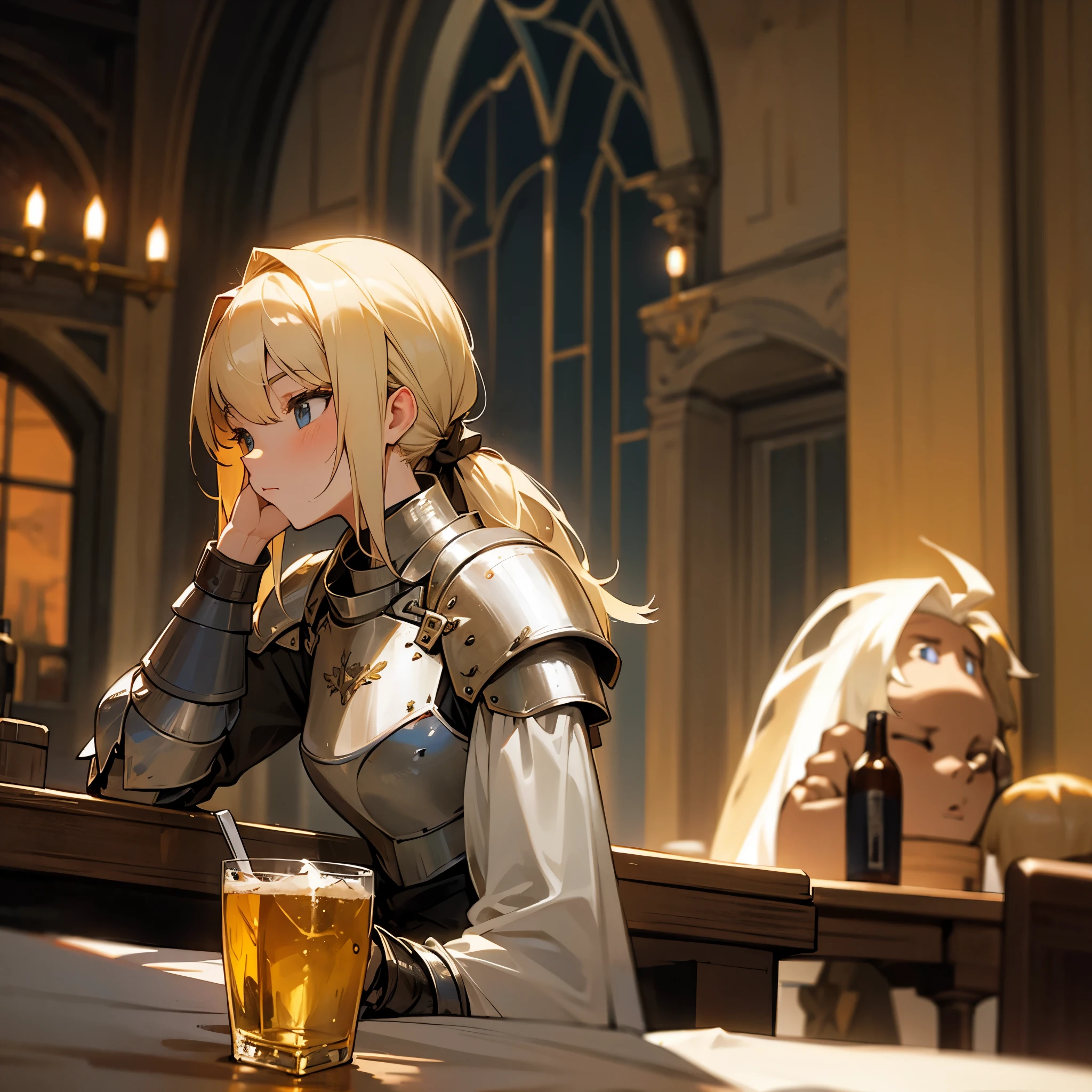 A blonde ponytailed female knight is drinking alcohol at the adventurer&#39;s guild with her breasts exposed.