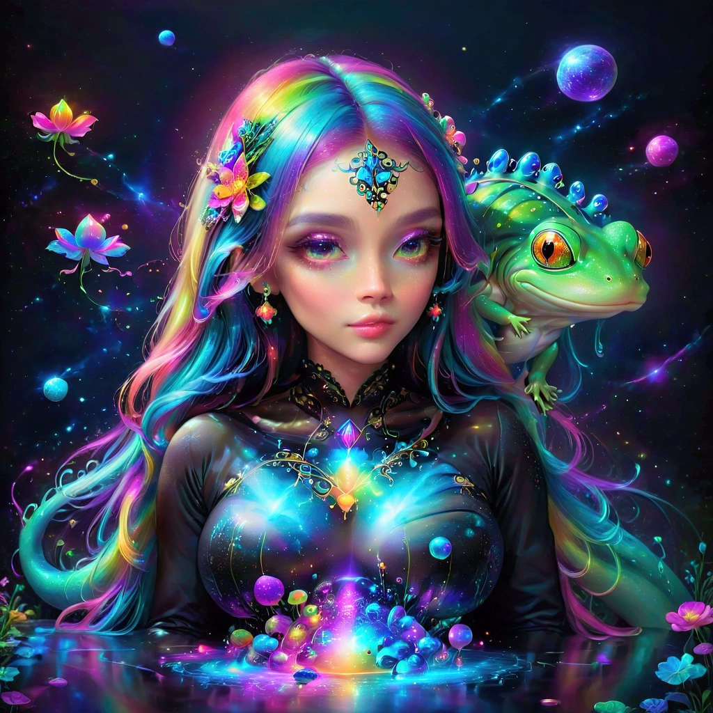 a woman with long hair and a frog in her hand, beeple and jeremiah ketner, jen bartel, holographic creatures, ultraviolet and neon colors, colorfull digital fantasy art, psychedelic frog, psychedelic aesthetic, colorful illustration, colorfull illustration, trippy art, lisa frank & sho murase, illustration iridescent, psychedelic art, psychedelic goddess