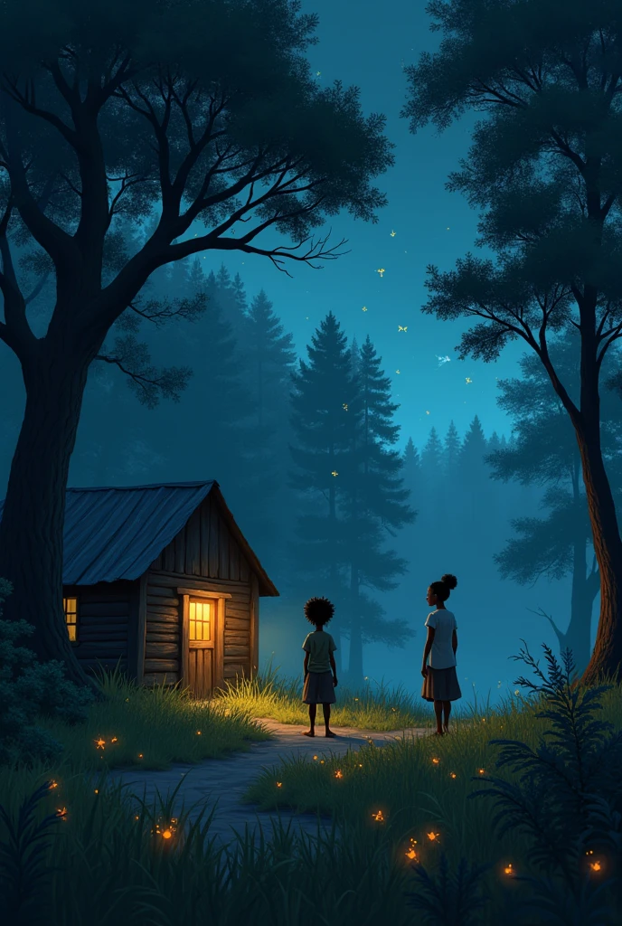 A young black boy living with his grandmother at the edge of the woods at night