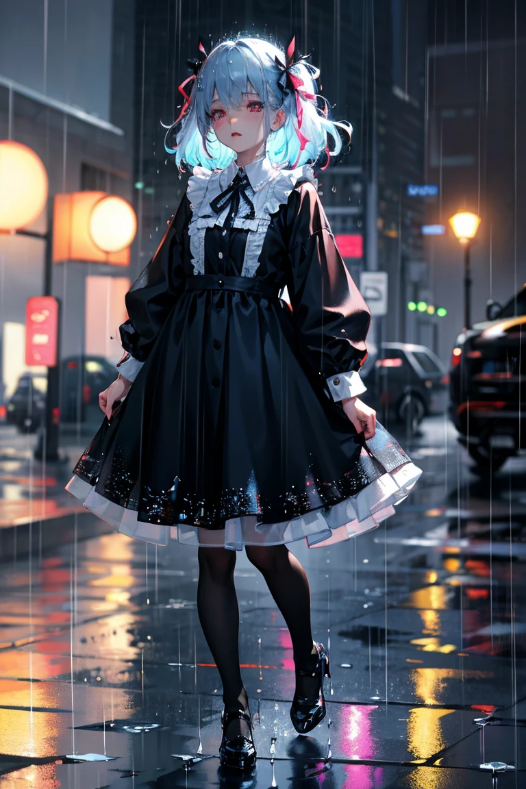 uhd, textured skin, good quality, High details, masterpiece, best quality, high detail face, (Amazingly absurd:1.2), (masterpiece:1.2), fluffy, 1 Vampire Girl, Dress with ruffles, glowing eyes, shining hair , Whole body love, black long hair, hair ribbon, black kneesocks, full body, Kawaiitech, soft colours, Kawaii, Beautiful colors, (Rain:1.5), (Wet:1)