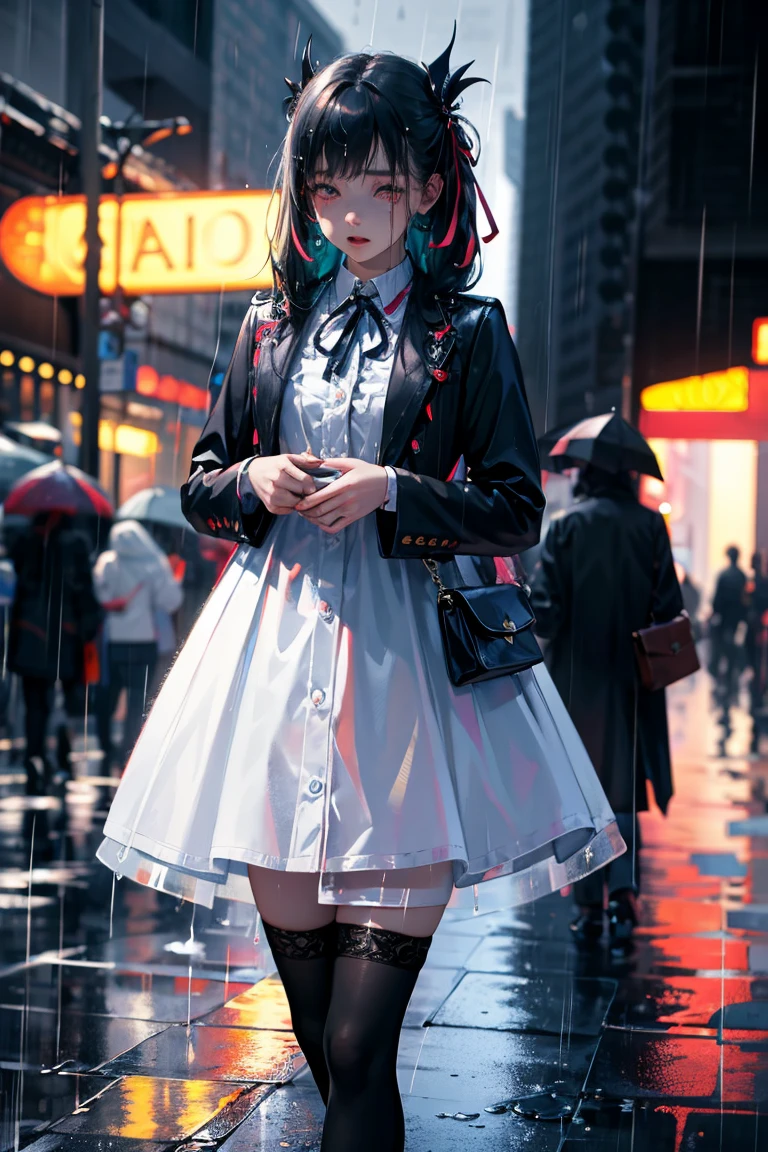 uhd, textured skin, good quality, High details, ​masterpiece, best quality, high detail face, (Amazingly absurd:1.2), (​masterpiece:1.2), fluffy, 1 Vampire Girl, Dress with ruffles, glowing eyes, shining hair , Whole body love, black long hair, hair ribbon, black kneesocks, full body, Kawaiitech, soft colours, Kawaii, Beautiful colors, (Rain:1.5), (Wet:1)