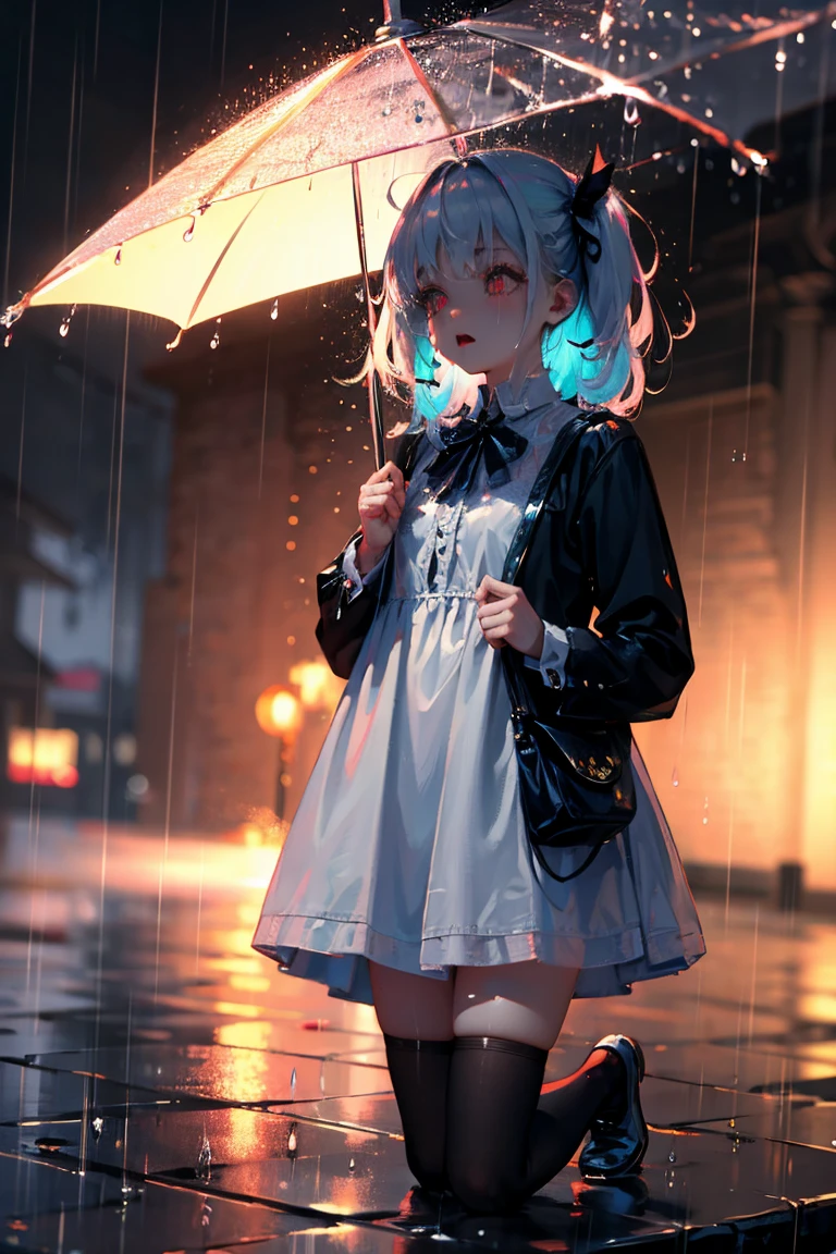 uhd, textured skin, good quality, High details, masterpiece, best quality, high detail face, (Amazingly absurd:1.2), (masterpiece:1.2), fluffy, 1 Vampire Girl, Dress with ruffles, glowing eyes, shining hair , Whole body love, black long hair, hair ribbon, black kneesocks, full body, Kawaiitech, soft colours, Kawaii, Beautiful colors, (Rain:1.5), (Wet:1)