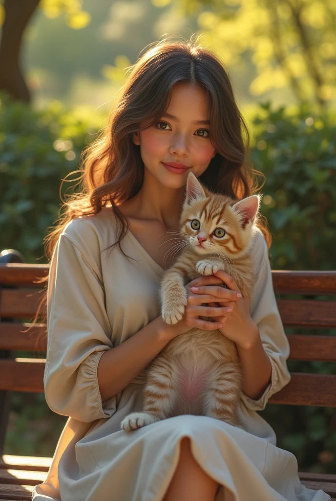 An ultra-high-definition, realistic depiction of a beautiful young woman holding a 2--old ken, the cutest kitten ever with fluffy ears and lovable, endearing eyes. The kitten has a charming, sweet face, and the scene is set on a park bench with soft lighting, capturing a serene and peaceful setting. The natural outdoor environment is rendered with vivid and vibrant colors, highlighting the intimate connection between the woman and the kitten in a warm and cozy atmosphere.