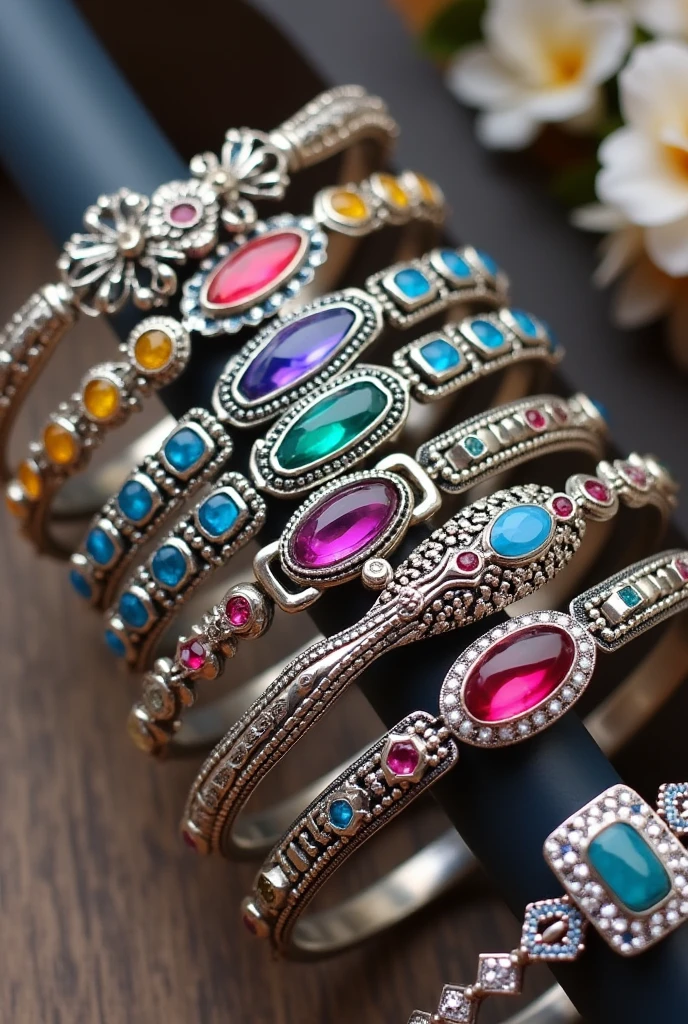 I want some silver bracelets. In Bulk like 20-10pieces which are made by silver and color stones. Some more pictures witj different styles. Patterns should be tannins style