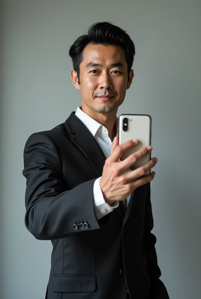 A slim but slightly muscular Japanese man in a suit, Photographed with a smartphone, Selfie, Top quality, 1 beautiful men, Perfect Face, Japanese men, age 41, suit, center part, short hair, black hair, Posing like a magazine cover,