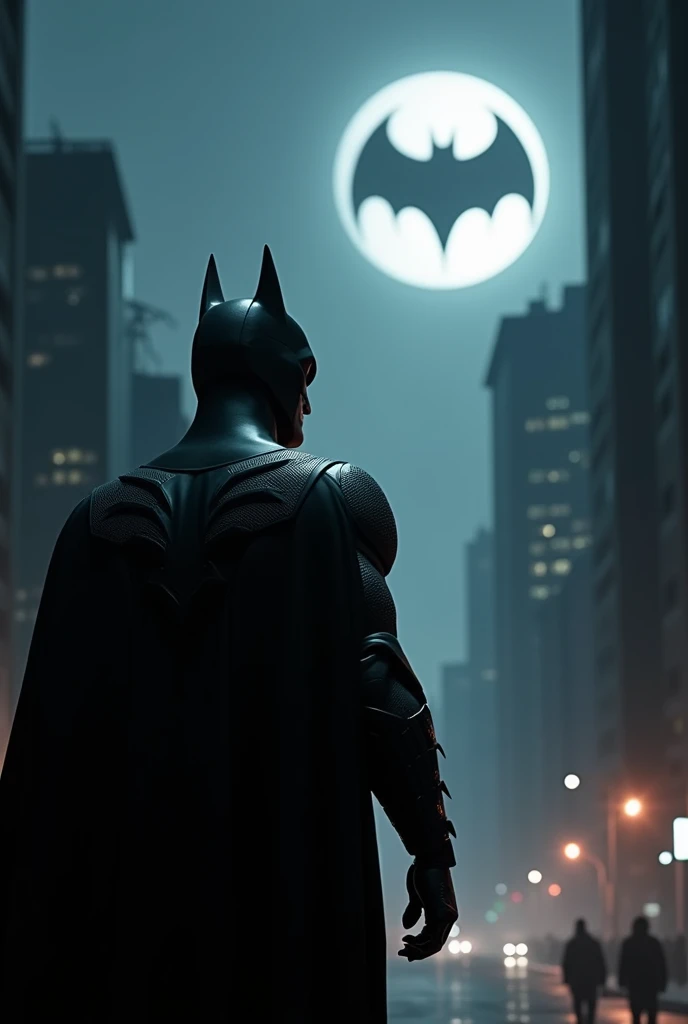 Batman far in the distance at night looking up to the bat signal