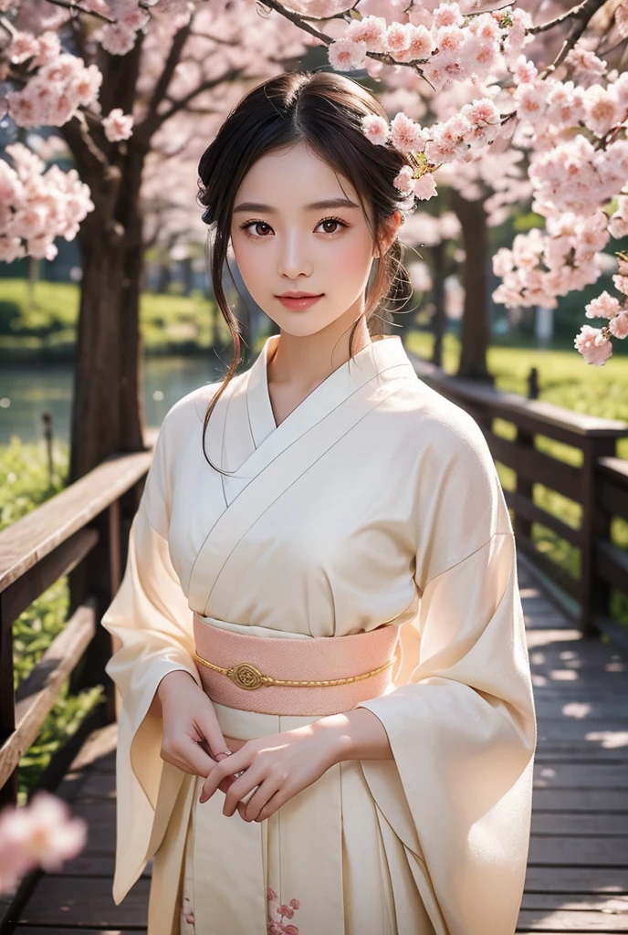 A beautiful young Asian woman, adorned in an elegant traditional Japanese Royal Kimono, detailed beautiful eyes and beautiful face, stands gracefully on a wooden bridge. She holds a delicate fan in her hands, its golden design complementing the pastel colors of her flowing attire. Cherry blossoms rain down around her, creating a serene and enchanting springtime atmosphere. Her gentle smile and the overall soft focus of the image add to the dreamy, romantic quality of the scene. 

Steps: 20, Sampler: Euler, Schedule type: Simple, CFG scale: 1, Distilled CFG Scale: 3.5, Seed: 2446732311, Size: 896x1152, Model hash: c161224931, Model: flux1-dev-bnb-nf4