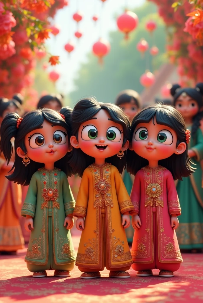 Powerpuff girls dressed in Pakistani shalwar kameez in cartoon Pixar style with clever facial expressions and Pakistani wedding in background 