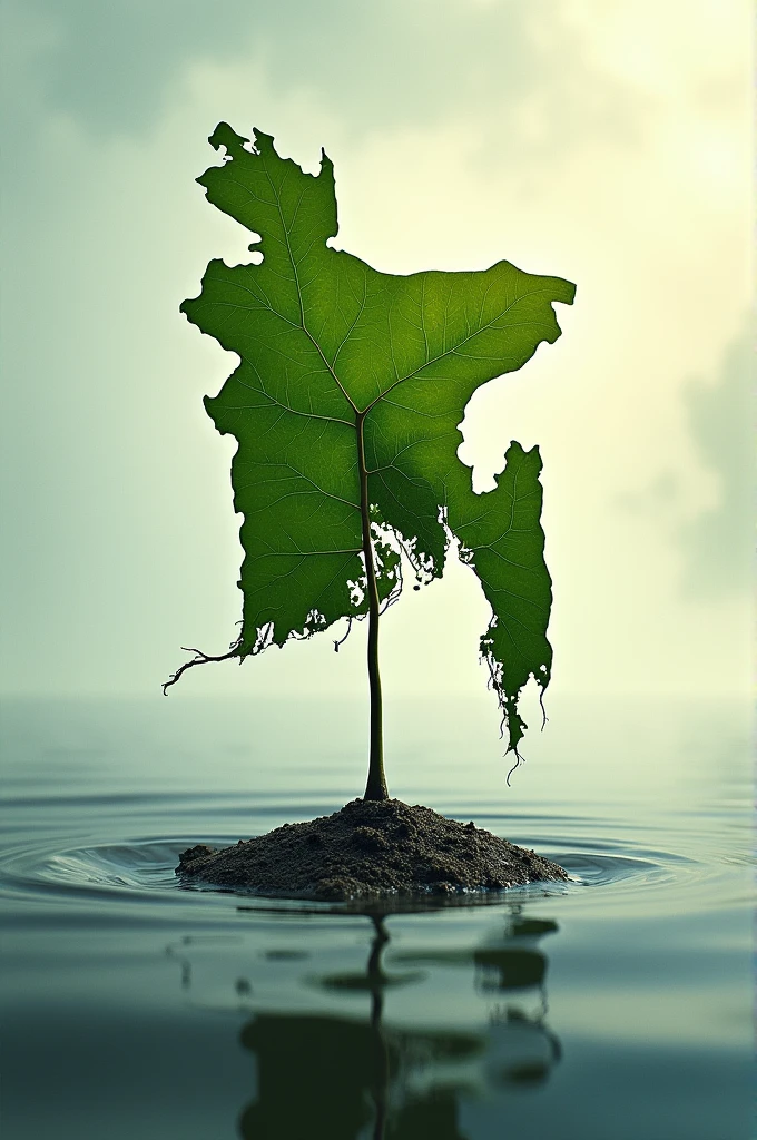 In one picture, a small tree seedling has leaves like the map of Bangladesh. In the west side of the picture, students are irrigating the tree seedling with their chest blood. And in the east side of the picture, the flood water is trying to wash away the tree. There will be a cloudy sky at the top of the picture.((best quality)), ((masterpiece)), (detailed), perfect face