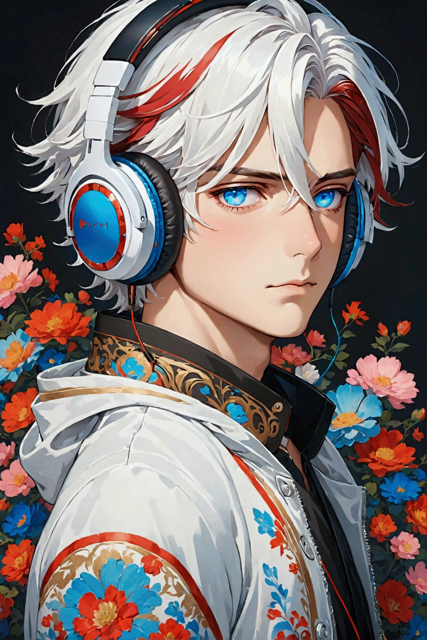 White haired boy with red highlights and blue eyes. Breasts, blush, blue eyes, headphones, streaked hair, 