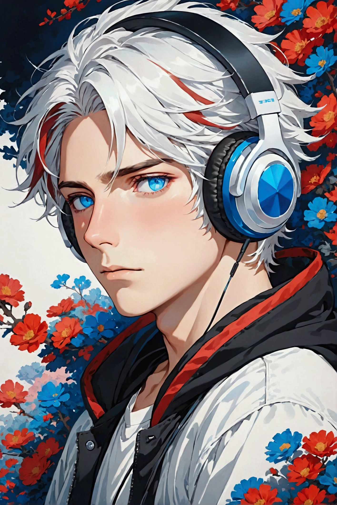 White haired boy with red highlights and blue eyes. Breasts, blush, blue eyes, headphones, streaked hair,