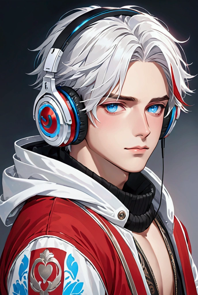 White haired boy with red highlights and blue eyes. Breasts, blush, blue eyes, headphones, streaked hair, 