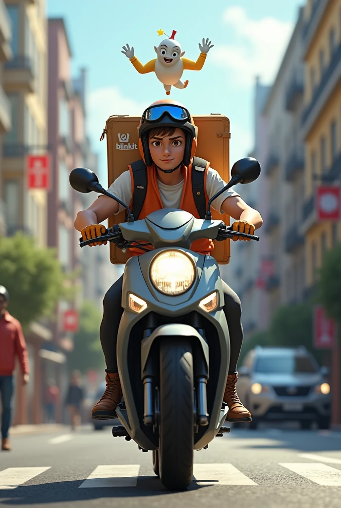 Generate a "realistic image of a delivery boy riding motorbike and hanging a delivery bag on his shoulders". The word "Blinkit" should be written on the bag. The "delivery boy should move from left to right and facing right". Also generate image of a ginie above the delivery boy 's bag.