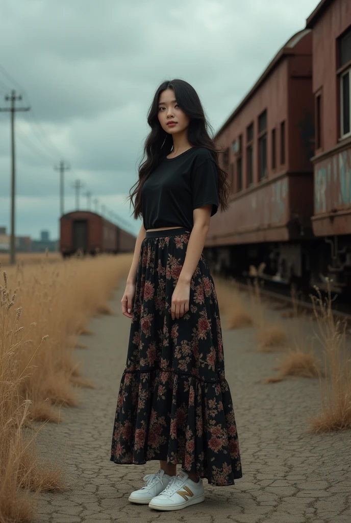 cinematic professional portrait (solo),  a 3 asian woman with long hair, curvy body, wearing a plain black t-shirt, a long black floral skirt, white newbalance shoes, standing by an old rusty train, with an old abandoned station, dry grass, dry ground, cloudy sky in the background