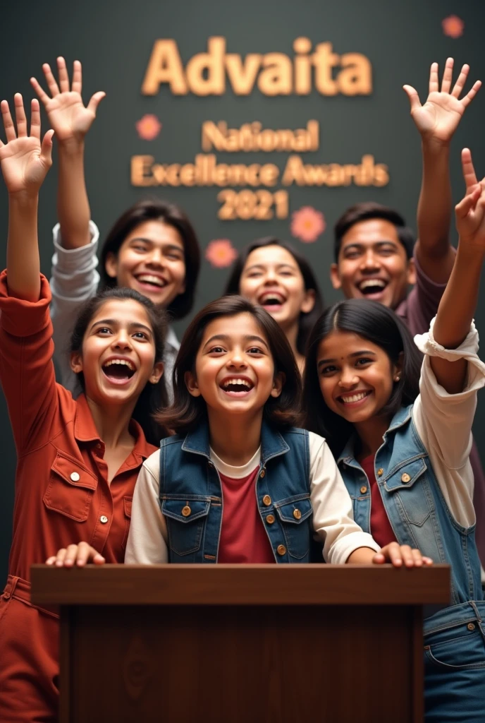 A diverse group of students and teachers celebrating there victory with hand raise ,and standing behind a podium with the "ADVAITA NATIONAL EXCELANCE AWARDS" banner above them . Detailed faces ((( clarity face ))) , delicate faces , exactly detailed hands . Look like real humans