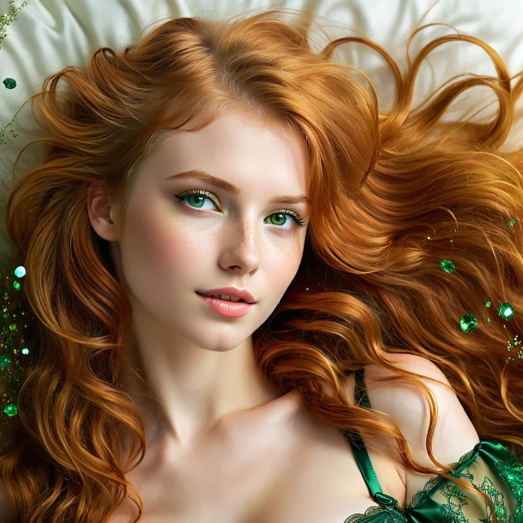masterpiece, best quality, ultra-detailed, illustration, a redhead disheveled-haired girl, Her green pupils shimmer like precious gems, complementing the gold dust that cascades through the air. She possesses the characteristics of a fox, fluffy tail. Her hair, just as unruly as her surroundings, falls in wild waves around her furry neck and shoulders, wearing sexy lingerie, she exudes an air of elegance and grace. She lays on a bed with {legs spread},