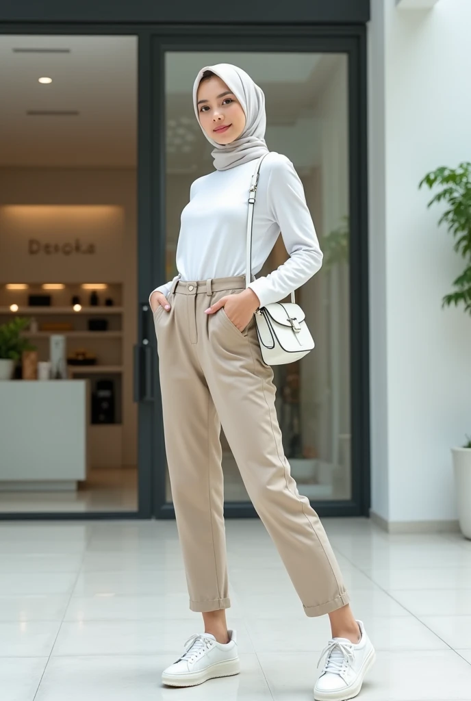 Top Quality, Masterpiece, High Resolution, 8k, a young indonesian woman standing in front of a white building with a large glass door. She is wearing a white hijab, a long-sleeved top, beige pants, and white sneakers. She has a white bag slung over her shoulder and is posing with her hands on her hips. The building has a modern design with white walls and a large window on the left side. Through the window, we can see a store with a counter and a display case with various items inside. The woman is looking directly at the camera with a confident expression. Lora : Indonesian LifeLike, perfect fingers. Perfect body