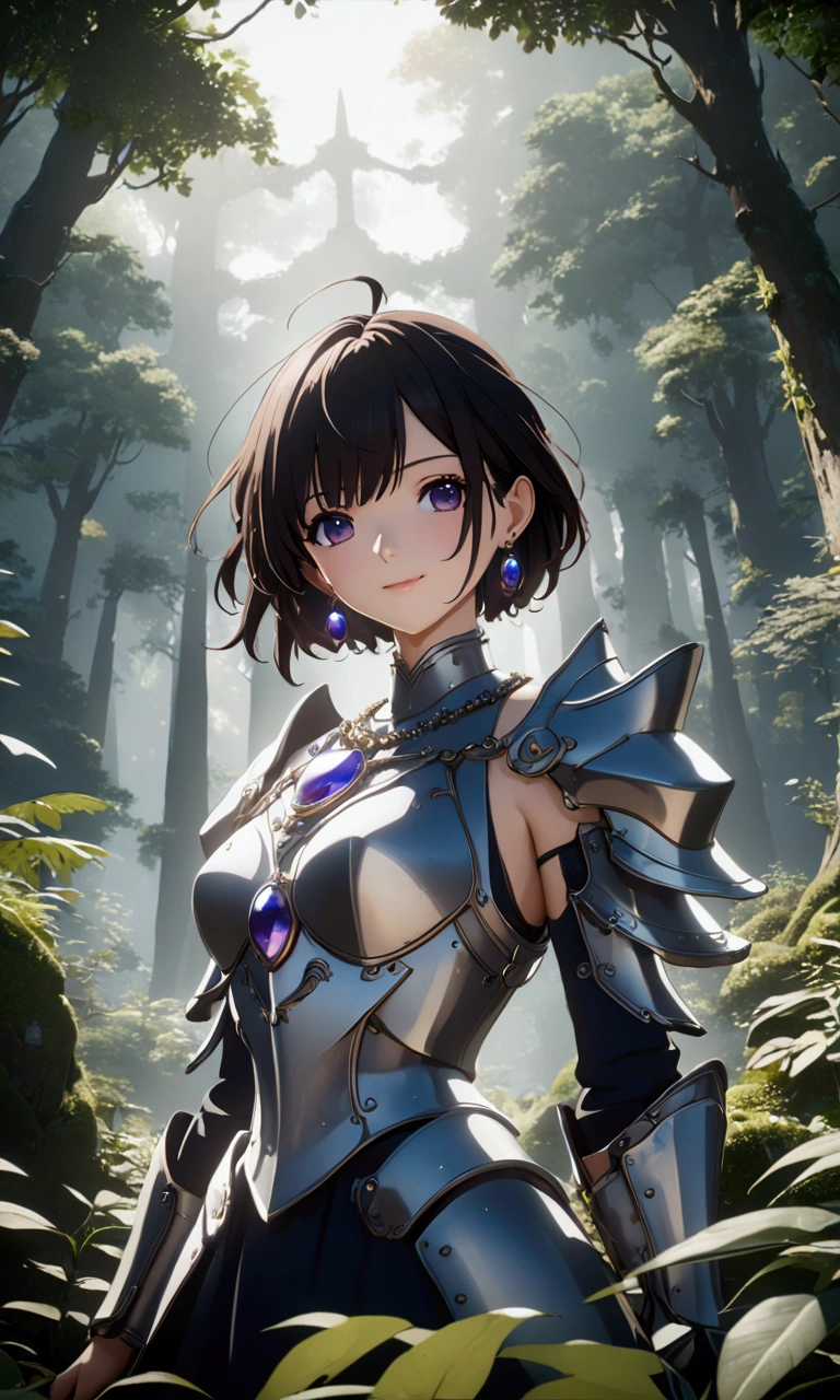 ((Highest quality、masterpiece、best quality,unreal engine,unity 8k wallpaper,anime style,animation style、High resolution、8k、detailed、ultra-detailed,upper body:1.3)),smile, adult woman,Dynamic movement,Western-style large room,Beautiful gemstone necklace、Exquisitely crafted earrings,(((((Shining Armor、The background is a forest area from another world.:1.2))))),Dynamic pose,Dynamic Angle,A dynamic scene