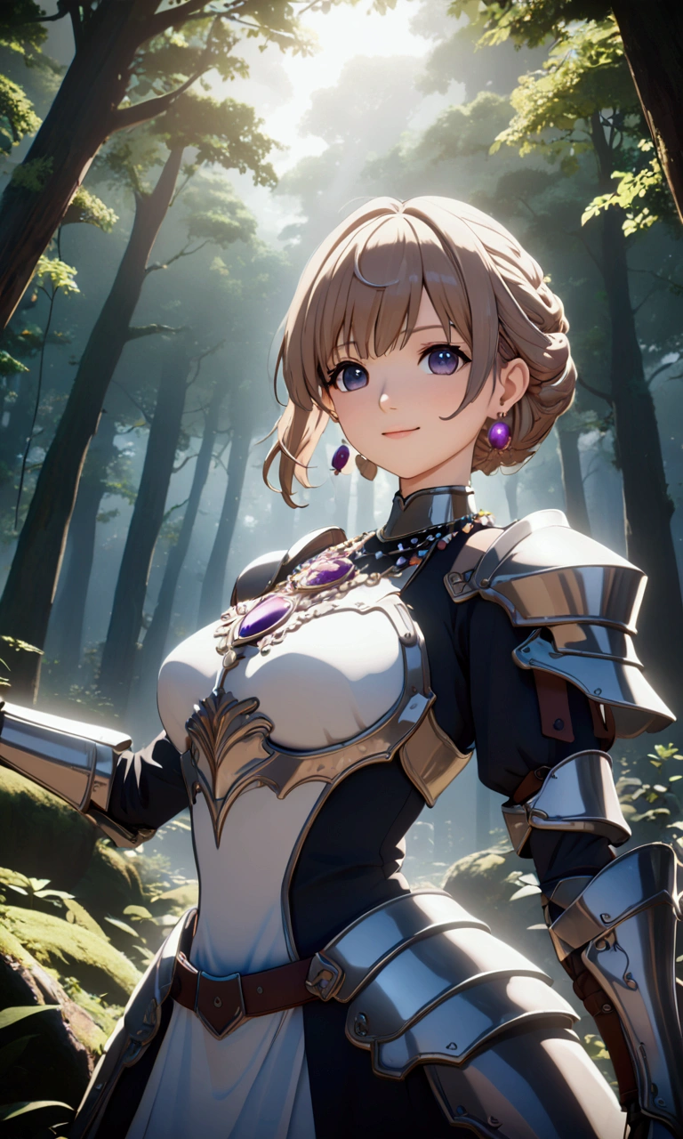 ((Highest quality、masterpiece、best quality,unreal engine,unity 8k wallpaper,anime style,animation style、High resolution、8k、detailed、ultra-detailed,upper body:1.3)),smile, adult woman,Dynamic movement,Western-style large room,Beautiful gemstone necklace、Exquisitely crafted earrings,(((((Shining Armor、The background is a forest area from another world.:1.2))))),Dynamic pose,Dynamic Angle,A dynamic scene
