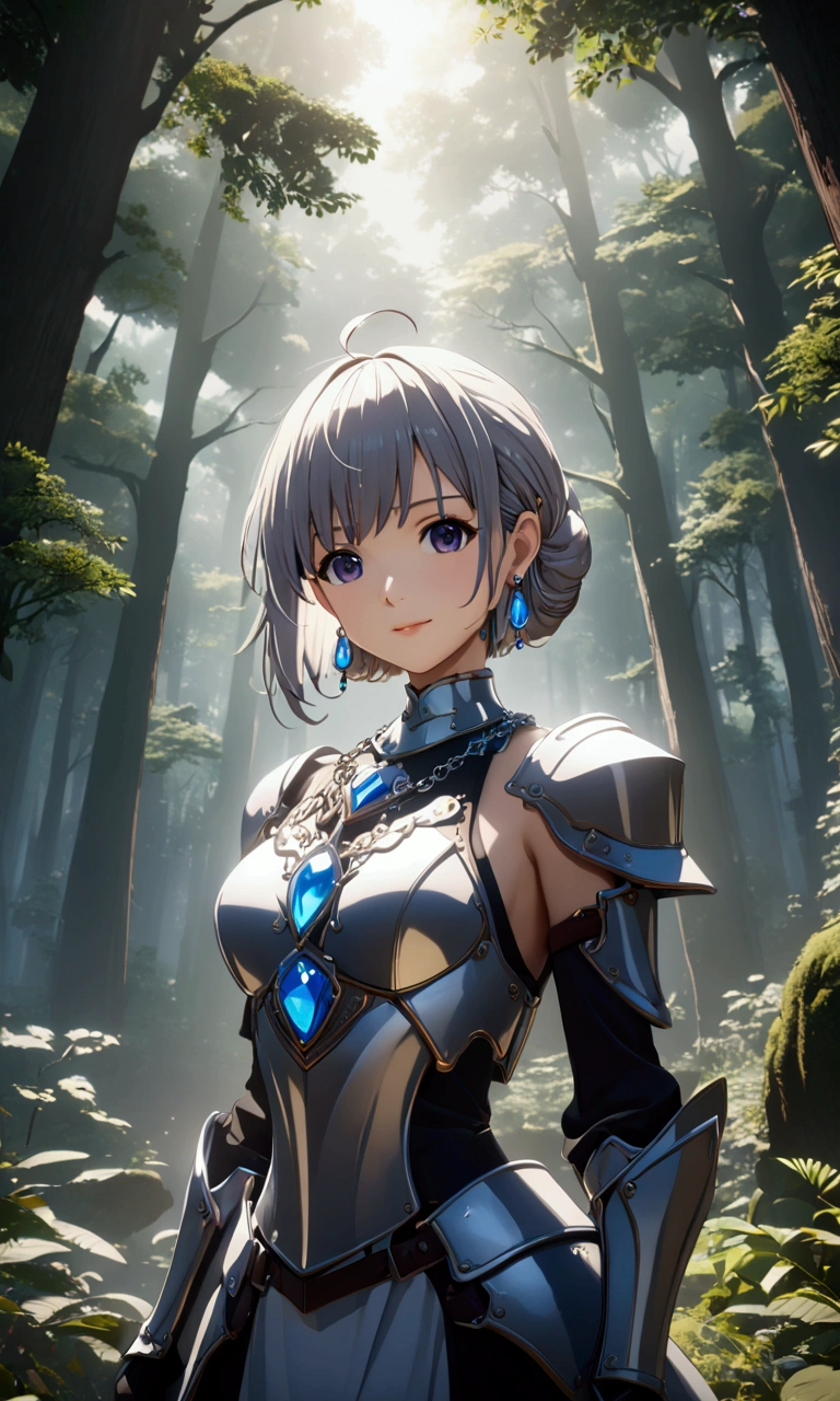 ((Highest quality、masterpiece、best quality,unreal engine,unity 8k wallpaper,anime style,animation style、High resolution、8k、detailed、ultra-detailed,upper body:1.3)),smile, adult woman,Dynamic movement,Western-style large room,Beautiful gemstone necklace、Exquisitely crafted earrings,(((((Shining Armor、The background is a forest area from another world.:1.2))))),Dynamic pose,Dynamic Angle,A dynamic scene