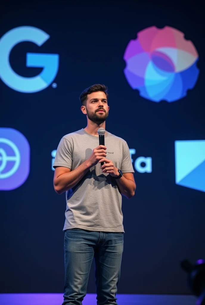 Young person of 30 years old giving a talk with a microphone, Behind you can see logos of technology companies like Google, meta, Life. He wears a t-shirt with the name Jose Ramos in small letters
