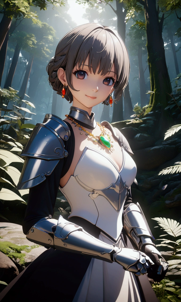 ((Highest quality、masterpiece、best quality,unreal engine,unity 8k wallpaper,anime style,animation style、High resolution、8k、detailed、ultra-detailed,upper body:1.3)),smile, adult woman,Dynamic movement,Western-style large room,Beautiful gemstone necklace、Exquisitely crafted earrings,(((((Shining Armor、The background is a forest area from another world.:1.2))))),Dynamic pose,Dynamic Angle,A dynamic scene