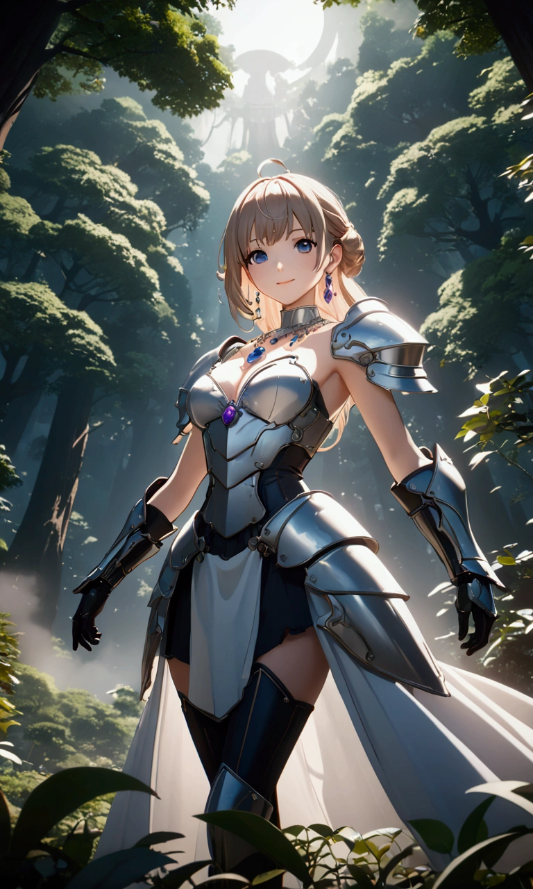 ((Highest quality、masterpiece、best quality,unreal engine,unity 8k wallpaper,anime style,animation style、High resolution、8k、detailed、ultra-detailed,upper body:1.3)),smile, adult woman,Dynamic movement,Western-style large room,Beautiful gemstone necklace、Exquisitely crafted earrings,(((((Shining Armor、The background is a forest area from another world.:1.2))))),Dynamic pose,Dynamic Angle,A dynamic scene