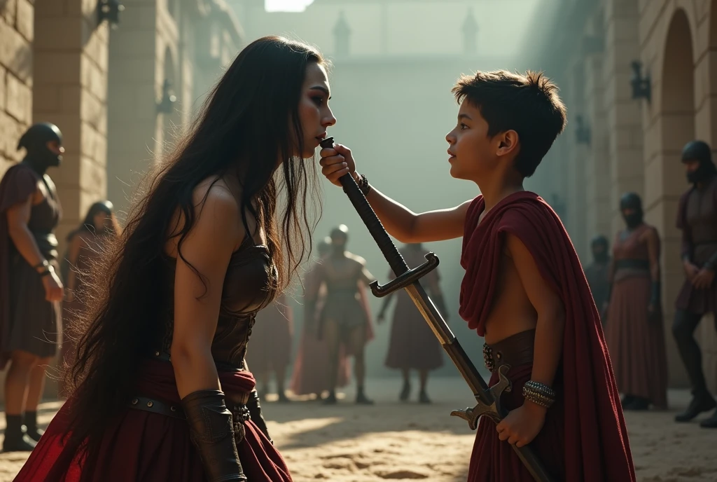 Realism, super quality, action battle photo style, defeated woman standing on her knees, her son is holding the the tip of the sword against woman's throat, stabbing her in the throat, her head is thrown back, woman has large masculine Adam's apple, (woman is a 30-year-old warrior, feminine face, gothic makeup, pale skin, long hair) (son is 12-years-old) roman empire fight