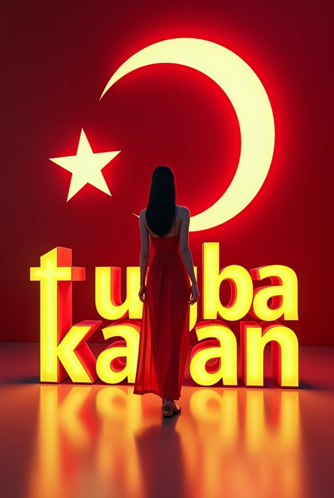 "TUGBA KALAN" is written in 3D in golden yellow and its shadow is reflected on the ground behind it. A beautiful woman, 2, wearing a red dress. There is a large Turkish flag in the background. There is a Turkish flag in the photo. The text "30 AUGUST VICTORY DAY" is written with a different logo in gold color. There are flash and neon lights on the floor.