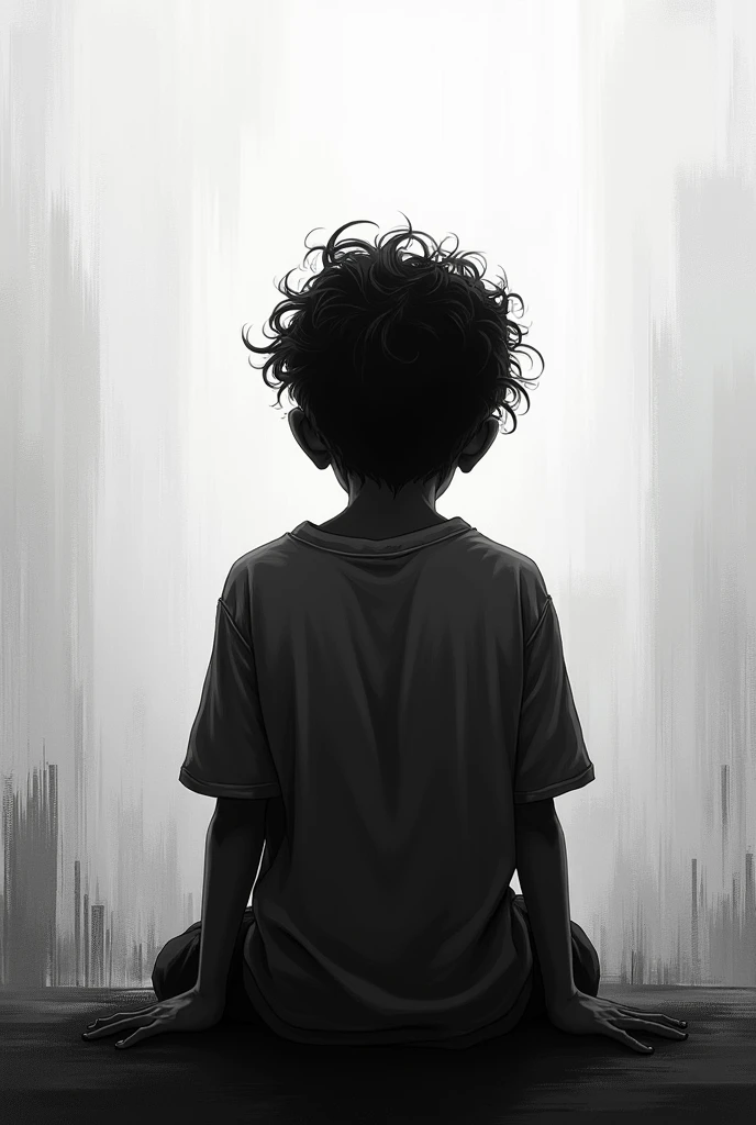 A wallpaper which show a boy back pose, which is mentally disturb and distracted. Make it an aesthetic black and white, according to 2400 x 1080 px at 429 ppi screen resolution
