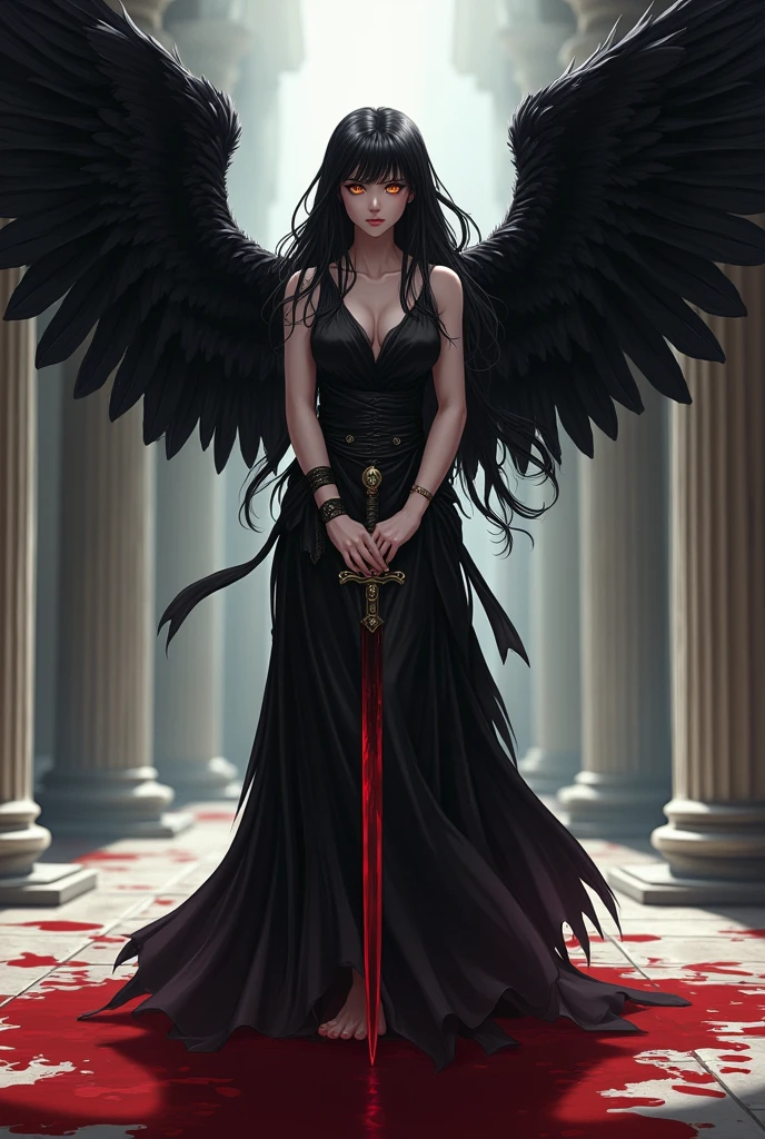 Beautiful adult woman with black hair and amber eyes of perfect anatomy, Ancient Greek clothing in black, black wings on his back with a sword in his hands on a blood floor anime style