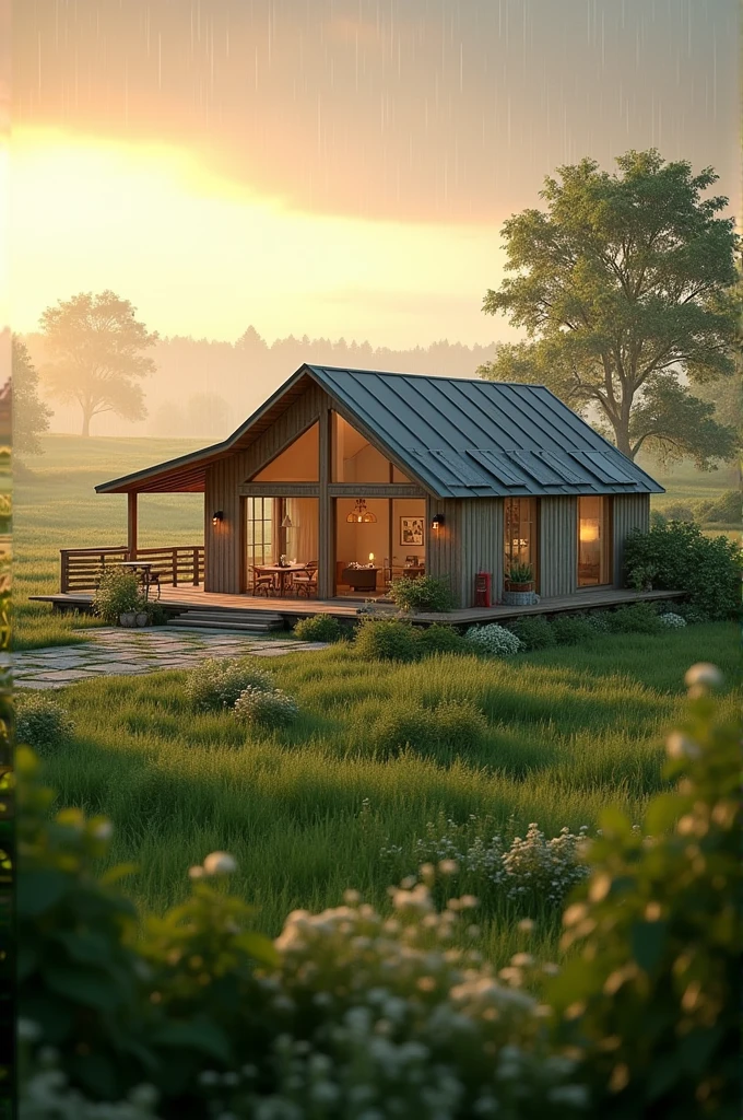 Create a small and modern home in the middle of farm with raining outside with ha ing a littile sun light