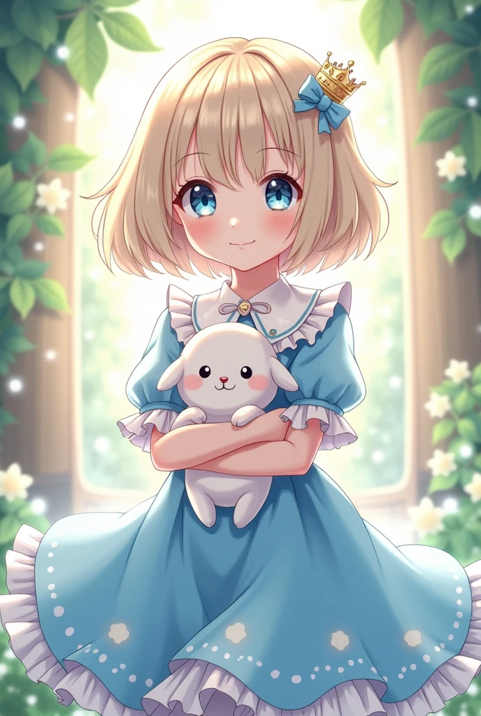 masterpiece, Highest quality, Highest quality, 8K quality, Anime Magazine Pin-up Style,Anime Style, , Noble daughter, Fluffy Platinum Blonde Hair, Bobcut, Aquamarine Eyes, Sky blue ruffled dress, White ribbon, Small crown-like hair ornament, Holding a stuffed toy, A white and fluffy stuffed animal, smile, Innocent smile, Facing this side, Fantasy World, The Noble's Mansion, Light of the sun,