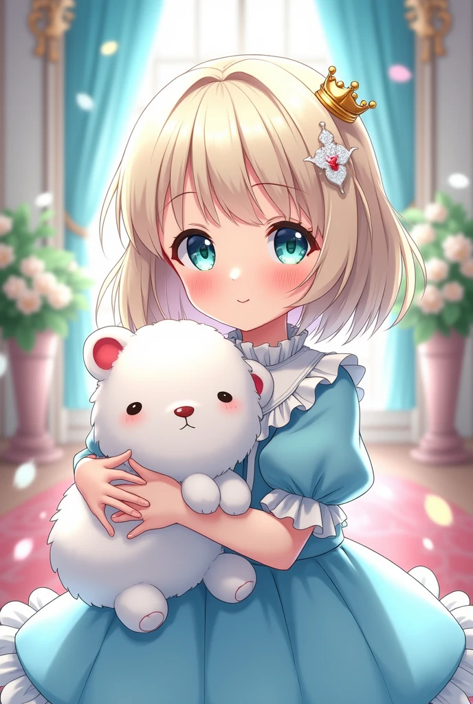 masterpiece, Highest quality, Highest quality, 8K quality, Anime Magazine Pin-up Style,Anime Style, , Noble daughter, Fluffy Platinum Blonde Hair, Bobcut, Aquamarine Eyes, Sky blue ruffled dress, White ribbon, Small crown-like hair ornament, Holding a stuffed toy, A white and fluffy stuffed animal, smile, Innocent smile, Facing this side, Fantasy World, The Noble's Mansion, Light of the sun, 