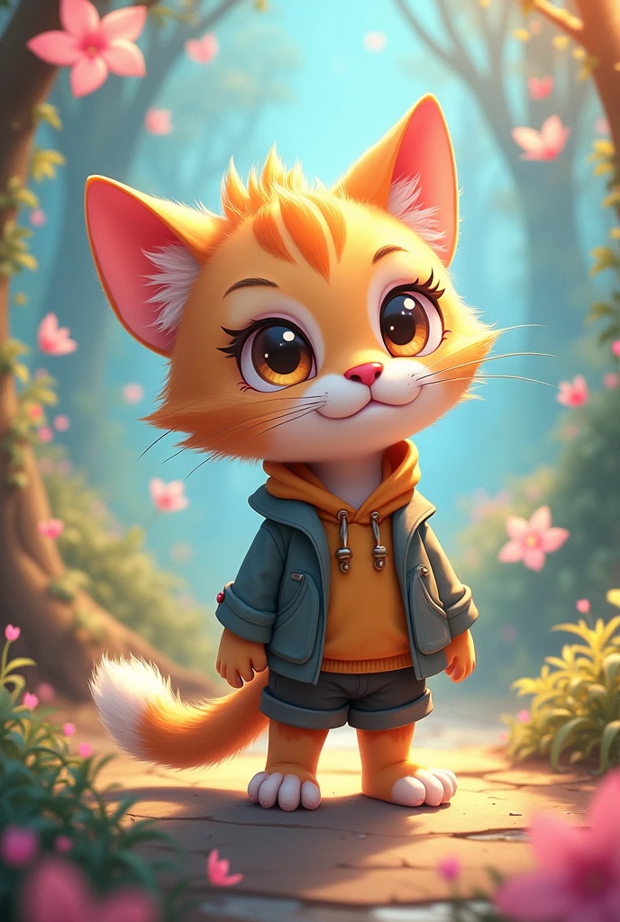 cat, (solo), anthro, female, (white body, white fur), (monotone fur), (monotone body), (heterochromia), (green left eye), (orange right eye), head tuft, (light blue inner ears), tongue out, blep, looking at viewer, seductive, (cyan hoodie), (white draw strings), (chibi), cute, (cat tail), thick thighs, wide hips, bottomless, outdoors, grass, sun, lens flare, paws, handpaw, paw hands, (three-quarter portrait)