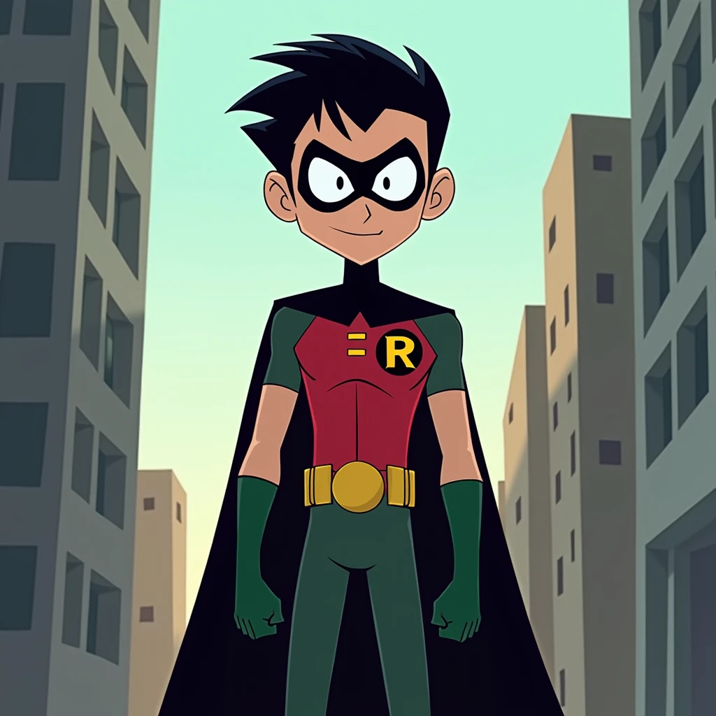 Cartoon design of robin without figure and tall and without big head in teen titans animation on building with white eyes