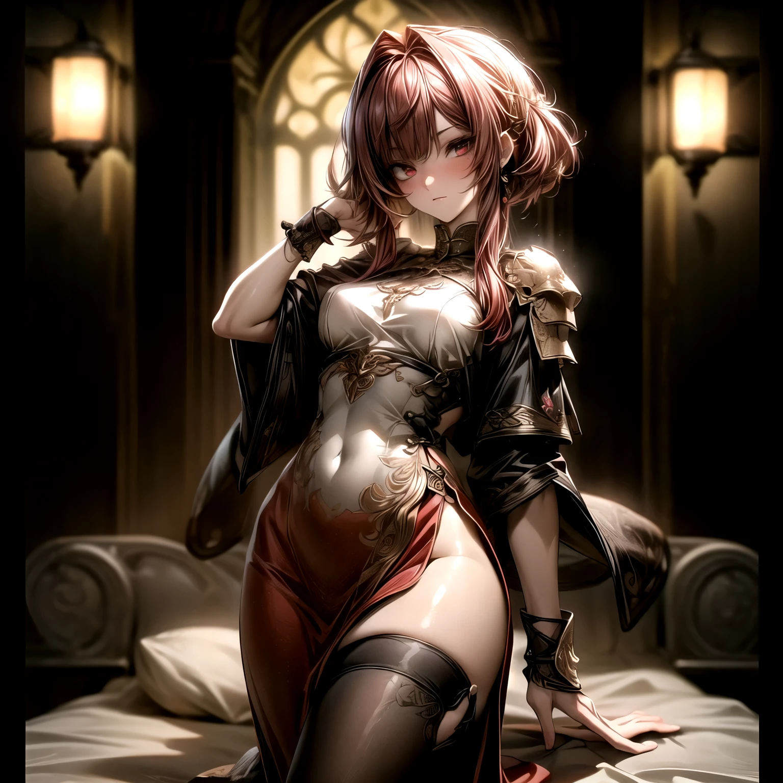 (best quality)), ((Masterpiece)), (details:1.4), 3d, HDR (high dynamic range), an image of a beautiful cyberpunk female, medieval, Red hair, Curtain Bangs, Sleek style, Hips up, Beautiful Red eyes, จมูกโด่ง, ปากแดง, หน้าอกใหญ่, nvidia RTX, PBR surface, After processing, Anisotropic filtration,depth of field, Maximum clarity and clarity, multi-layered surface, Subsurface scattering, perfect proportions, 8K raw files, ultra detailed, Perfect proportions, volumetric lighting, soft lighting, Holy Paldin, Heavy Golden Armor, Golden dress, intricate Golden embroidery, glossy skin, Bed room Background, jewely, ต่างหู, นิ้วมือสมบูรณ์, mini red skirt,