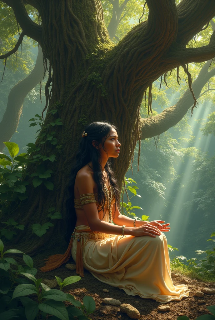 A protrait of Pocahontas, alone in the depth of Amazon Jungle, she sat and talk to a Mother Tree....