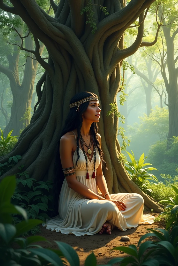 A protrait of Pocahontas, alone in the depth of Amazon Jungle, she sat and talk to a Mother Tree....