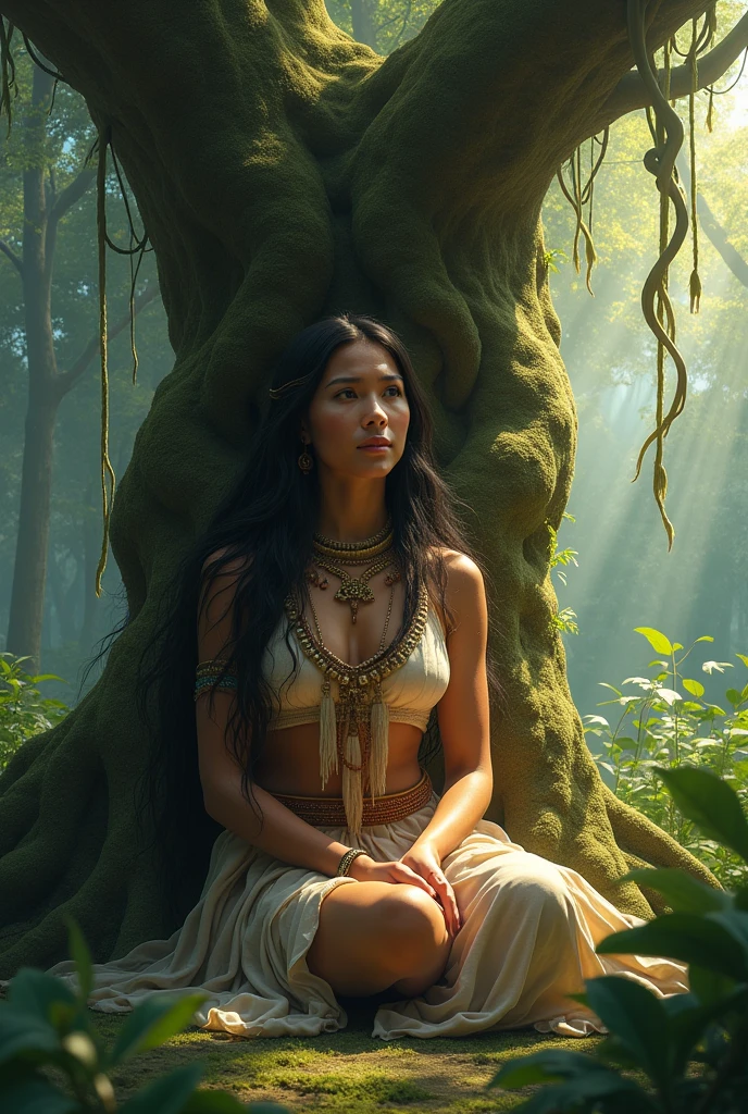 A protrait of Pocahontas, alone in the depth of Amazon Jungle, she sat and talk to a Mother Tree....