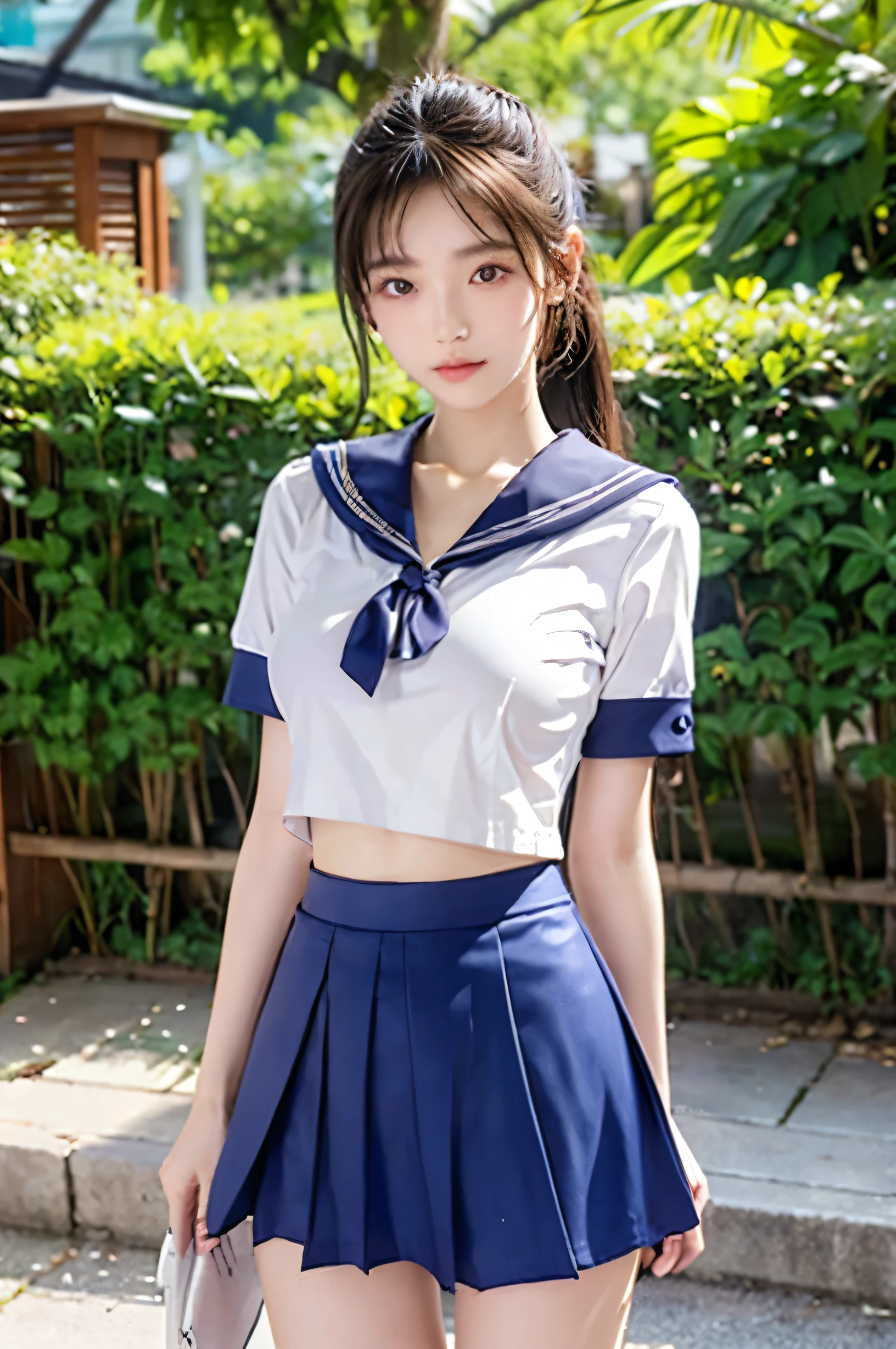 (Ultra HD), (Looking at me), (The whole body is shown), (Short-sleeved sailor uniform, Navy blue low-rise mini skirt), (Big Breasts:1.2), Super beautiful breasts, slender, Narrow waist, (Thin legs:1.2), (Thin thighs:1.2), (Thin Hips:1.4), (Beautiful Skin, Shiny skin, White skin), (Super slim face, Super beautiful face, No makeup, Smile:0.6), (ponytail, Layered Cut, Fluffy hair), (double eyelid, Slanted Eyes), (Small Nose), (Thin lips), Are standing, In front of the school gate