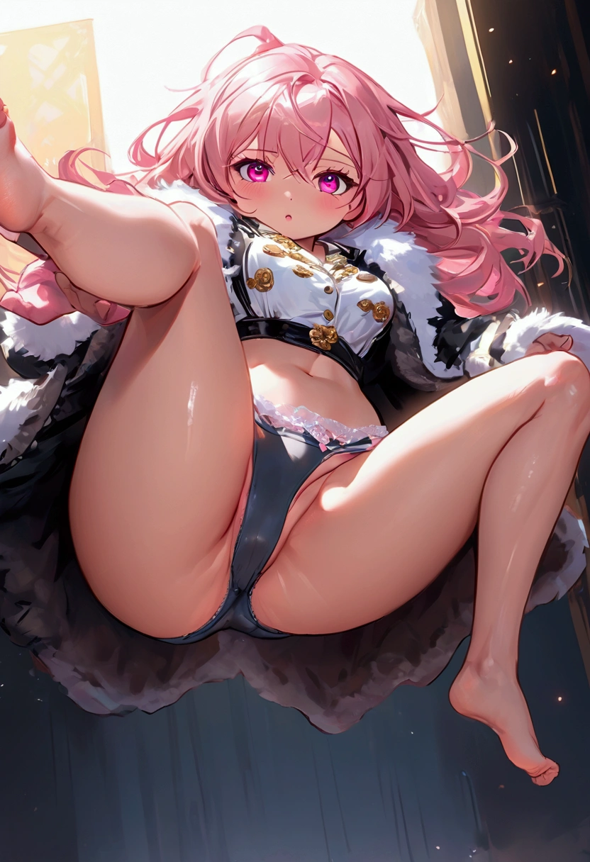 (masterpiece), (Highest quality), (Realistic:1.1), Fur coat, cute, One girl, expensive_kick, (Lift your legs:1.2), (expensiveres:1.4), Panty shot , Shiny Hair, Glowing Skin, Glowing Eyes, (panties:1.2), Pink Hair , Very long hair swinging,Raise one leg high、Realistic meat,Dynamic Angle,Ultra low angle,Wrinkles on panties,Panty texture is Realistic,The bite is obvious,