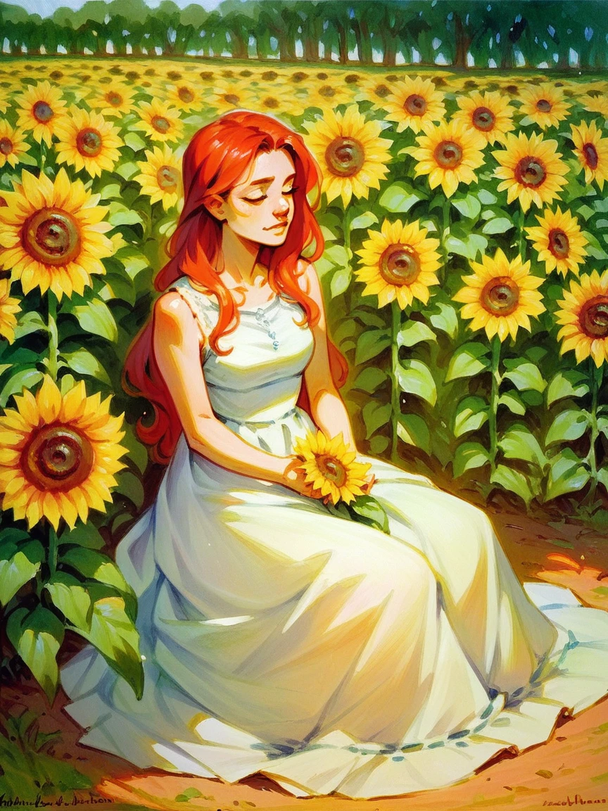 score_9, score_8_up, score_7_up, score_6_up, outdoors,1girl, long hair, dress, sitting, sunflower, m0n3t, traditional media