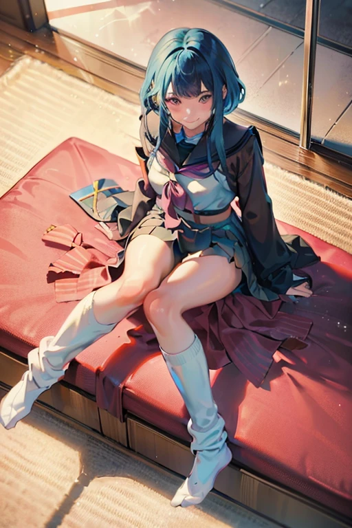 tilting head(((contrasted.full body.smile.mole under eye)))Two beautiful girls(((2人schooluniformkyoto animation)))dwarfbob cut((aqua hair.White ribbon))blueserafuku((black.serafuku.allpinkserafuku))claw pose(((slouch.2 people share claw pos)))Large windows.Luxurious curtains.Beautiful lighting.Dim lighting.Luxurious carpet)))White knee-high socks(With a small ribbon)portrait((from above.looking at viewer))curvy