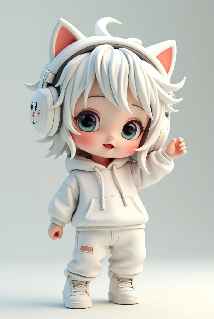 Oversized white streetwear(Hoodie and baggy pants)And wearing white sneakers、白い乱雑な髪を持つ非常に詳細な3DChibi Characterクター。It exudes a cool and relaxed atmosphere。She is wearing large, stylish headphones that match her outfit.。Headphones are、White、Kitten's face painted。Characters、Dancing。Soft background、Muted、It emphasizes the character。The overall style is、Cute、Modern、and、Stylish。Chibi Character