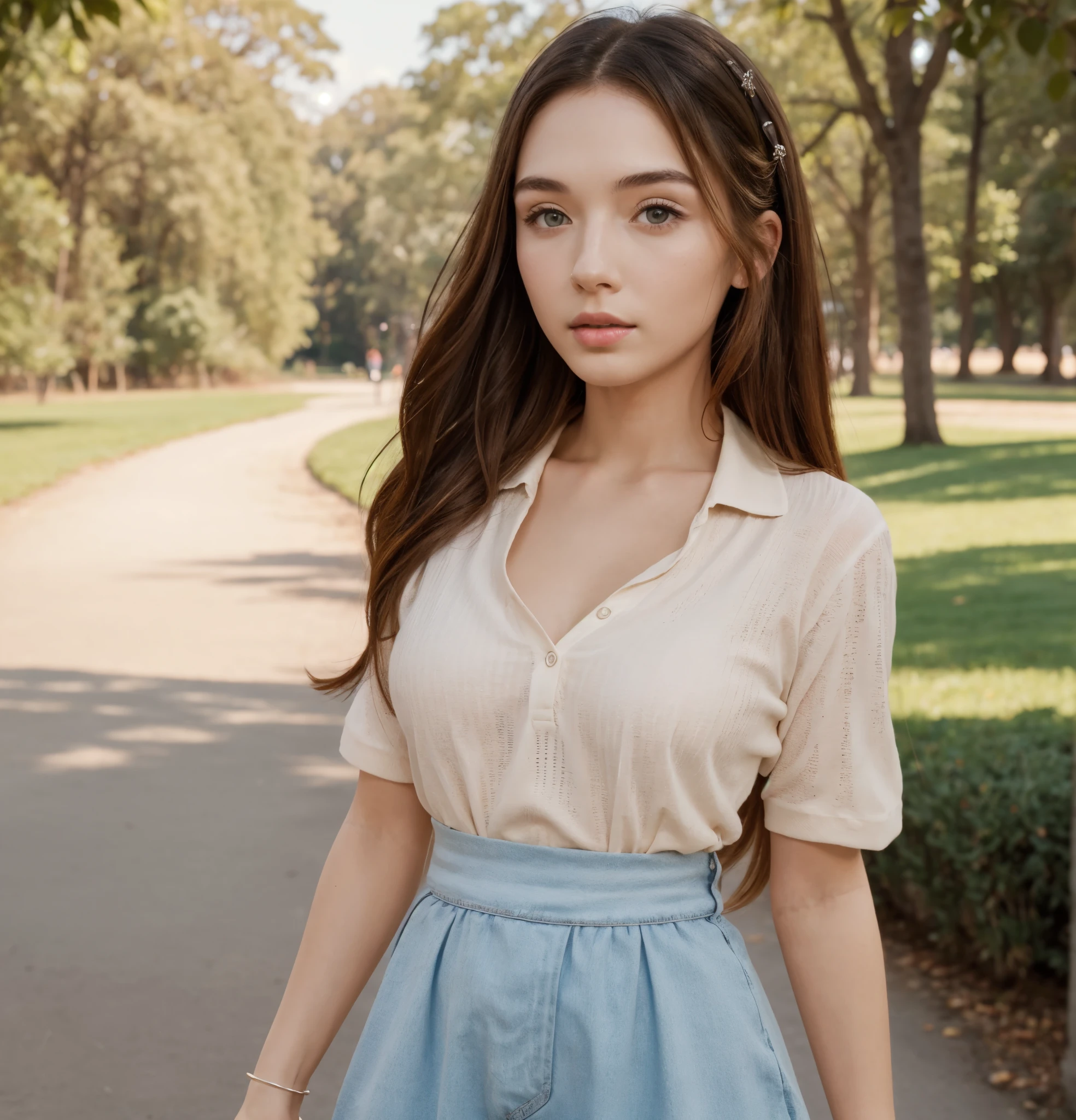 Scandinavian young woman, Cute face, Fascinating, highest quality, masterpiece, polo shirt, black high waist short mini skirt, Detailed texture, Long hair, Pause, カジュアルな, [blush], beautiful, Complex, Caustic, clear. , sunlight, (((soft lips))), (((shiny lips))), Very detailed, ( real :1.2), Niroudef, Redhead, perfect legs, Award-winning glamor photography Extremely detailed award-winning glamor photography, walking in the park, a real woman  