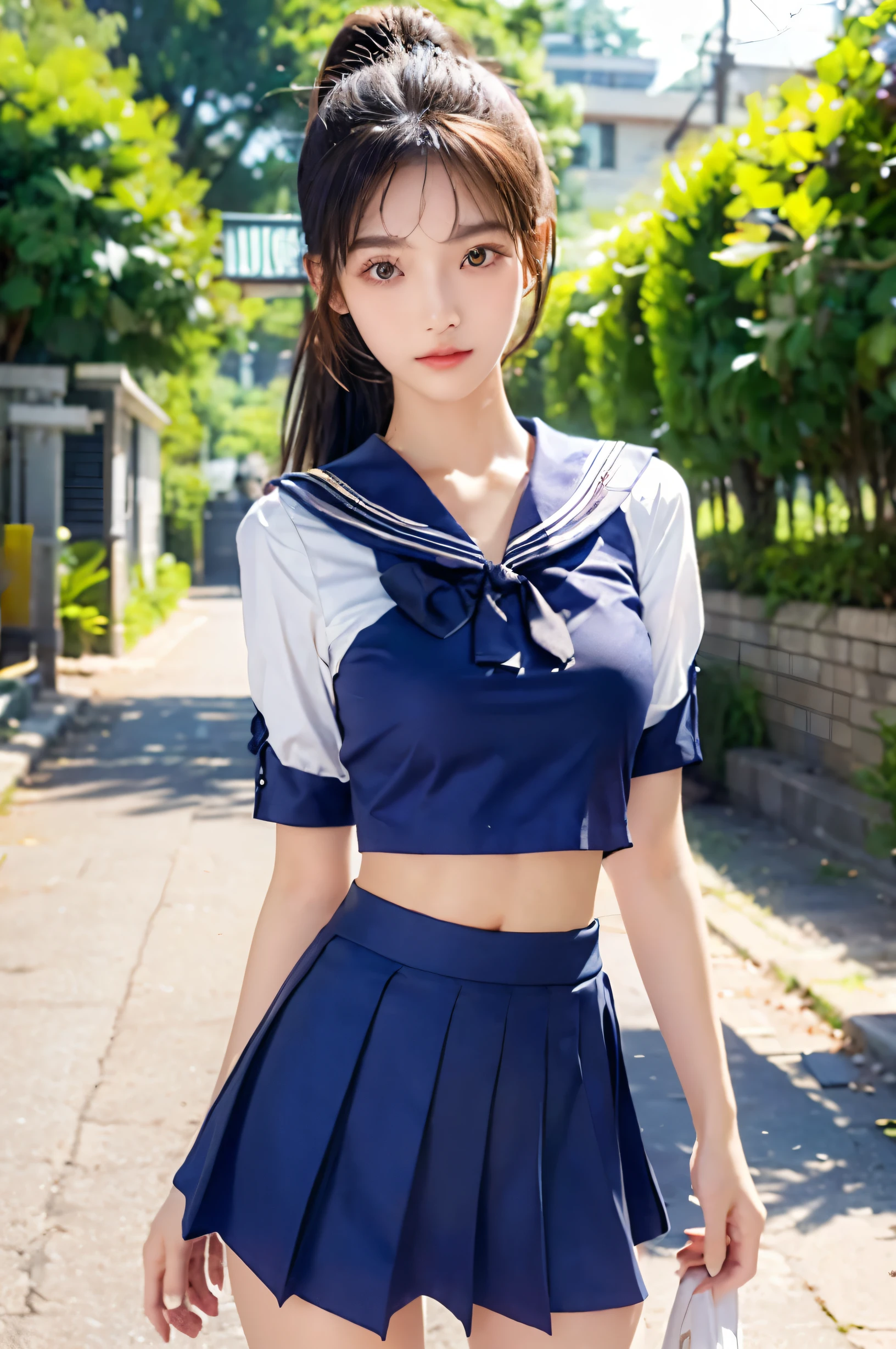 (Ultra HD), (Looking at me), (The whole body is shown), (Short-sleeved sailor uniform, Navy blue low-rise mini skirt), (Big Breasts:1.2), Super beautiful breasts, slender, Narrow waist, (Thin legs:1.2), (Thin thighs:1.2), (Thin Hips:1.4), (Beautiful Skin, Shiny skin, White skin), (Super slim face, Super beautiful face, No makeup, Smile:0.6), (ponytail, Layered Cut, Fluffy hair), (double eyelid, Slanted Eyes), (Small Nose), (Thin lips), Are standing, In front of the school gate