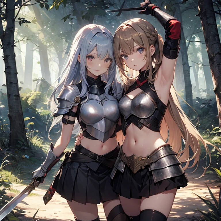 A group of  female knight, (in forest), various hair styles, harem, wearing armored clothes, metal armor, night, details face, , shorts, seducing, sword,  