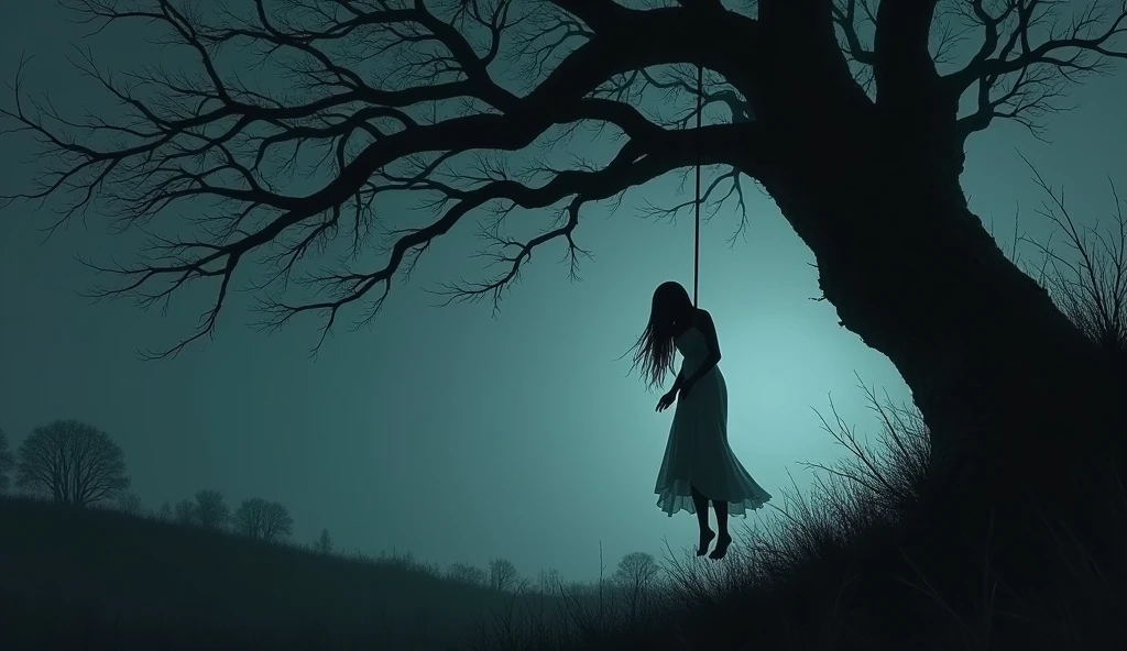 A creepy picture of a woman hanging herself under a big tree. It&#39;s dark.